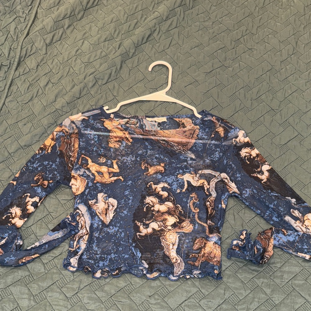 Artistic Galaxy Blue Long Sleeve Mesh Top